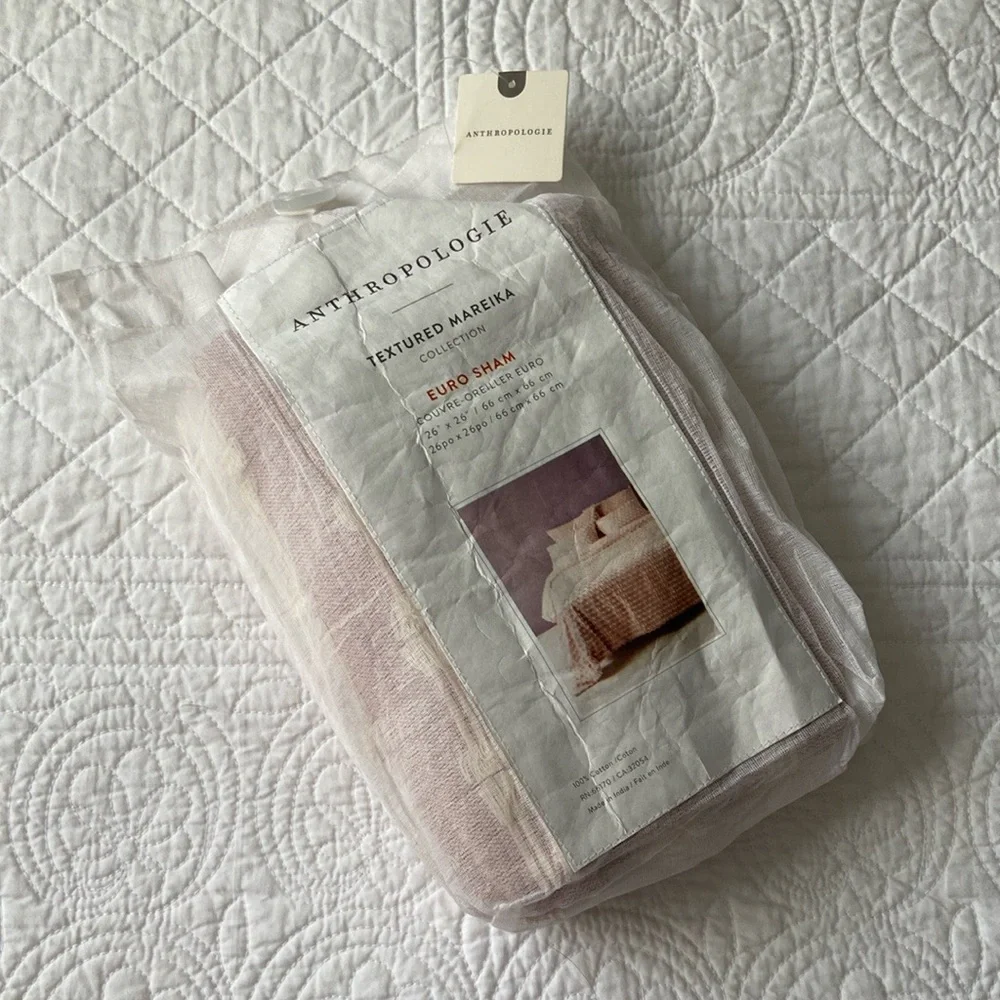 Anthropologie Mareika Textured Euro Sham Pillow Cover Blush Pink Cream N…